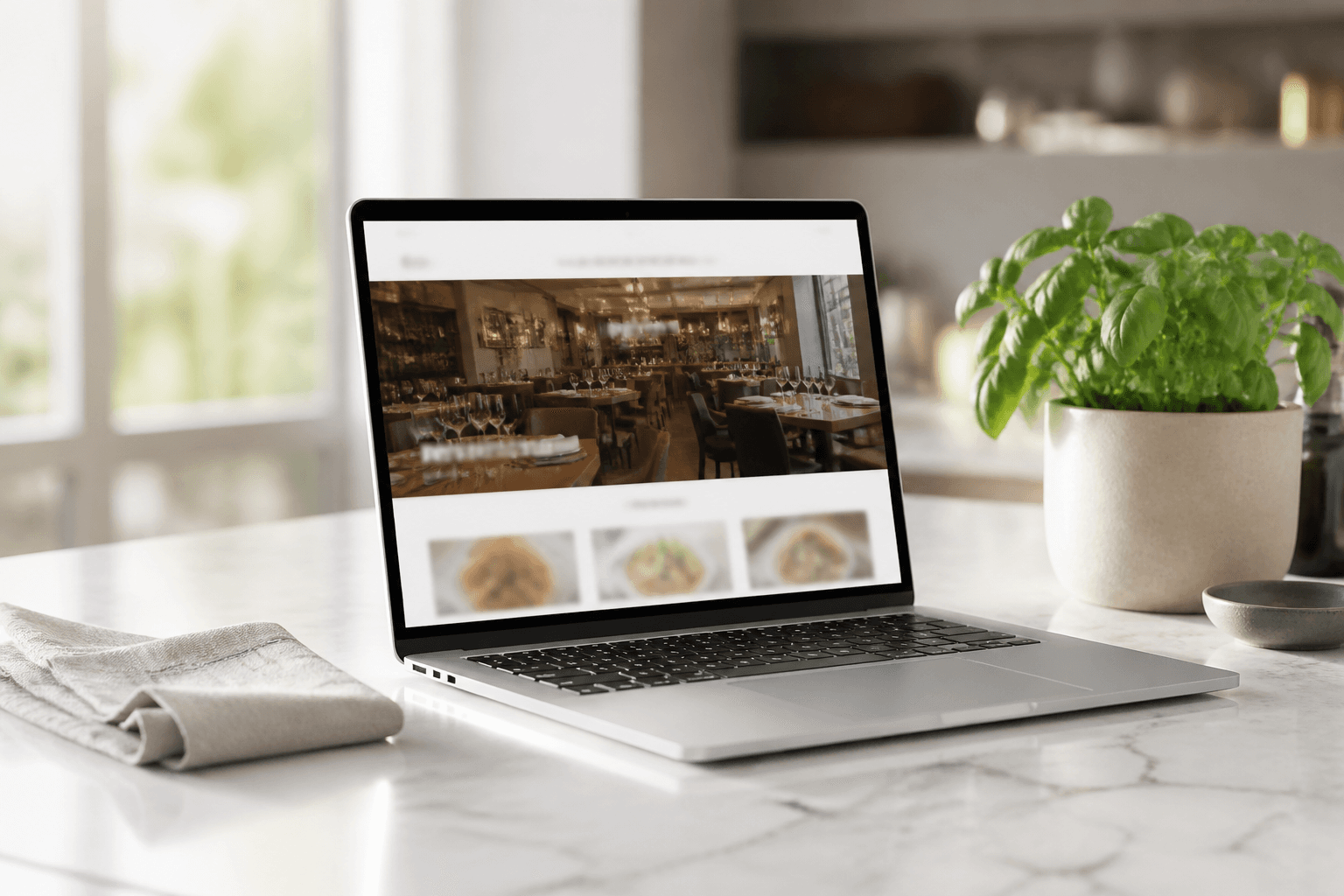 Restaurant website on a counter laptop